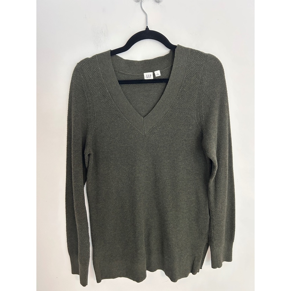Gap Womens Olive Green V-Neck Honeycomb Textured Knit Pullover Large minimalist